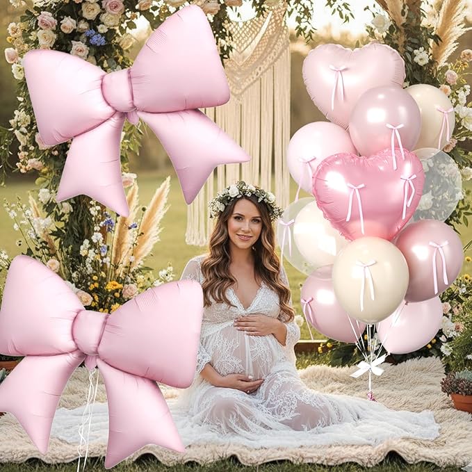 16Pcs Pink Heart Balloons, 38 Inch Bow Balloons, Double Stuffed Pearl Pink Clear Balloon and Bow Heart Shaped Foil Balloon for Girls Birthday Wedding Bridal Baby Shower Valentines Day Decorations