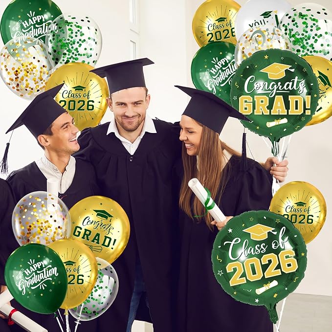 Green and Gold Graduation Balloons Graduation Decorations 2026, 51Pcs Grad Latex Balloons and Grad Foil Balloon with Confetti Ribbons Grad Party Decorations for College High School