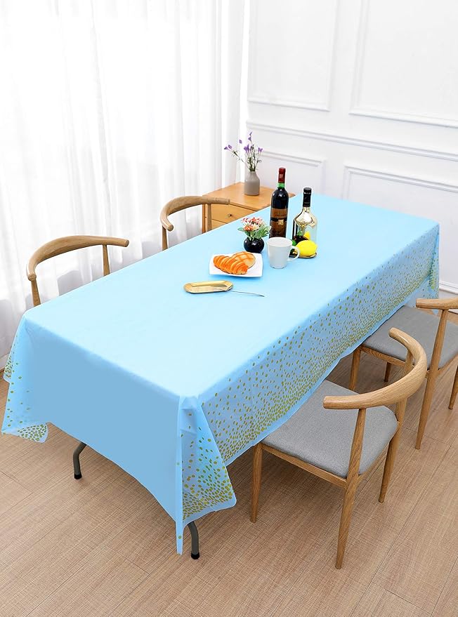 Blue and Gold Tablecloths for Party 2 Pack - 54x108 inch Gold Dot Confetti Disposable Rectangular Plastic Table Cover for Baby Shower Boy Birthday Engagement Wedding Gender Reveal BBQ Party