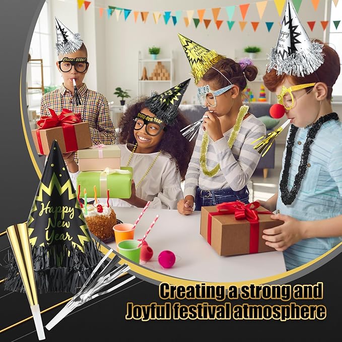 Capoda 384 Pcs New Years Eve Party Supplies 2026 Decorations Kit for 96 Guest with Happy New Year Cone Hat Tiara Headband Glasses Bead Noisemaker Horns Lei Necklace