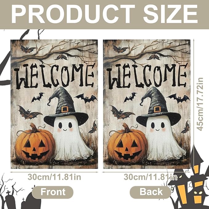 Halloween Garden Flag, 12x18 Inch Halloween Flag, Welcome Yard Flag with Ghost, Pumpkin for Outdoor Porch Decorations