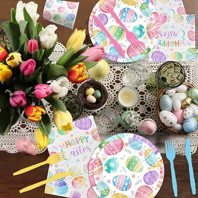 Easter Paper Plates and Napkins Sets, Easter Eggs Party Tableware include Watercolor Easter Egg Paper Plates and Napkins Disposable for Easer,Spring Themed Birthday Party Supplies,Serve 24