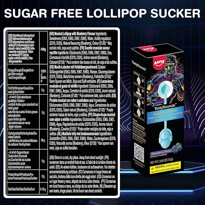 Amos Music Lollipop Candy, Audio Singing Lollipop, Individually Wrapped Natural Blueberry Flavor (1 Pack)