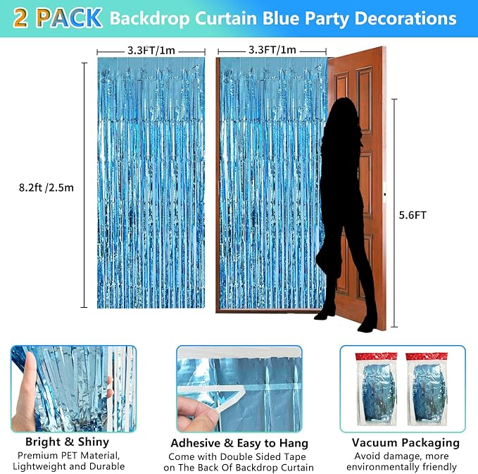 Blue Streamers Party Decorations 3.3x8.2ft 2 Pack Light Blue Tinsel Foil Fringe Curtain Backdrop Ocean Themed Party Decor Photo Booth Props for Birthday Baby Shower Bachelorette Door Hanging Wedding