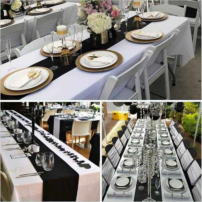 12Pack 12x108 Inch Satin Table Runner and 54x108Inch Plastic Tablecloths White and Black Disposable Rectangle Table Cover for Graduation Wedding Bridal Shower Anniversary Birthday Party Decorations