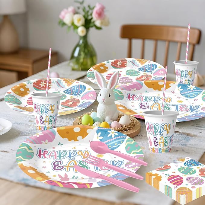 200PCS Easter Plates and Napkins Tableware Set, Easter Eggs Designed Disposable Dinnerware with Paper Plates, Napkins,Paper Cups,knives,Forks,Spoons and Straws for Party Supplies- Serves 25