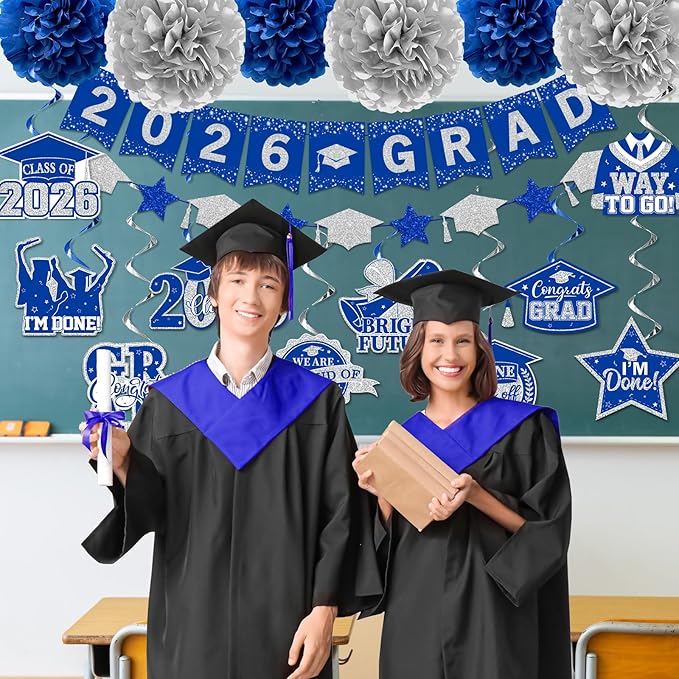 Blue and Silver Graduation Decorations, 2026 Grad Banner and Congrats Grad Hanging Swirls, Blue Graduation Banner Graduations Hanging Swirls College Graduations Party Decorations Class of 2026