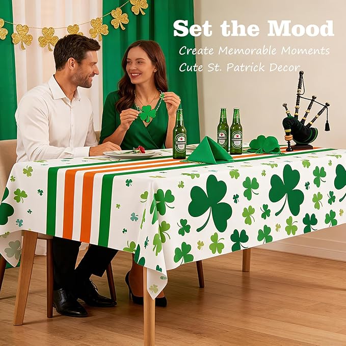 3 Pack St. Patrick's Day Tablecloths 54" x 108", Green Shamrock Plastic Table Covers, Disposable Party Tablecloths for St Patricks Day Decorations, Holiday Party Supplies