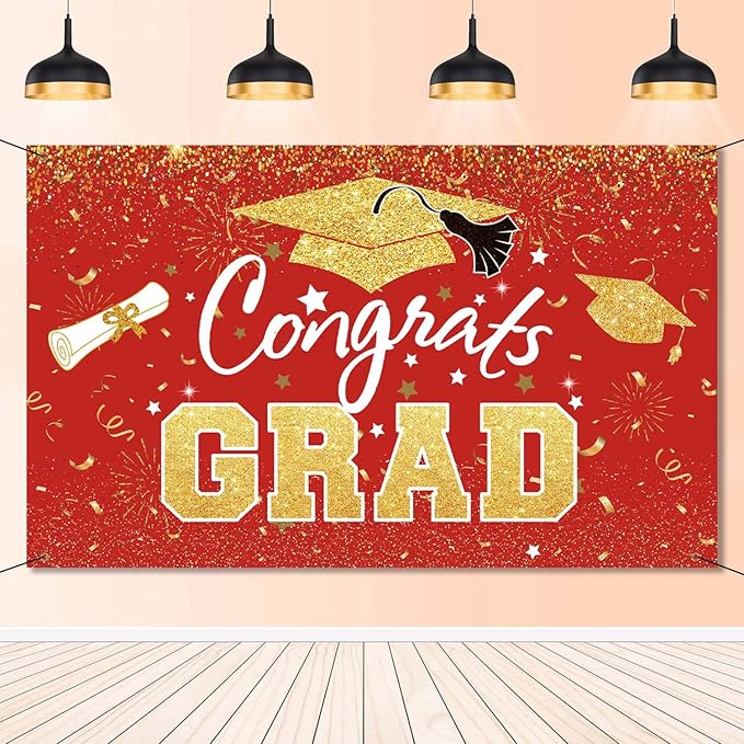 Graduation Party Decorations - Red Gold Congrats Grad Class of 2026 Backdrop Banner Large Sign Wall Decorations Photography Background Party Supplies for 2026 Graduation Party Decorations