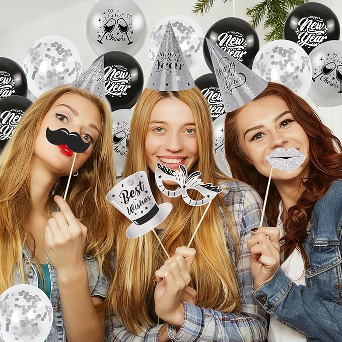73pcs Black Silver New Years Eve Party supplies Including New Years Hats Happy New Year banner Photo Props Fringe Curtain Backdrop Noisemaker Balloons for New Year's Eve Party NYE Decorations 2026