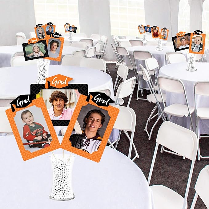Orange Grad Graduation Photo Display Centerpiece Kit - 15 Double-Sided Photo Table Topper Sticks, Vertical and Horizontal 4x6 Picture Holders, DIY Party Decoration Set