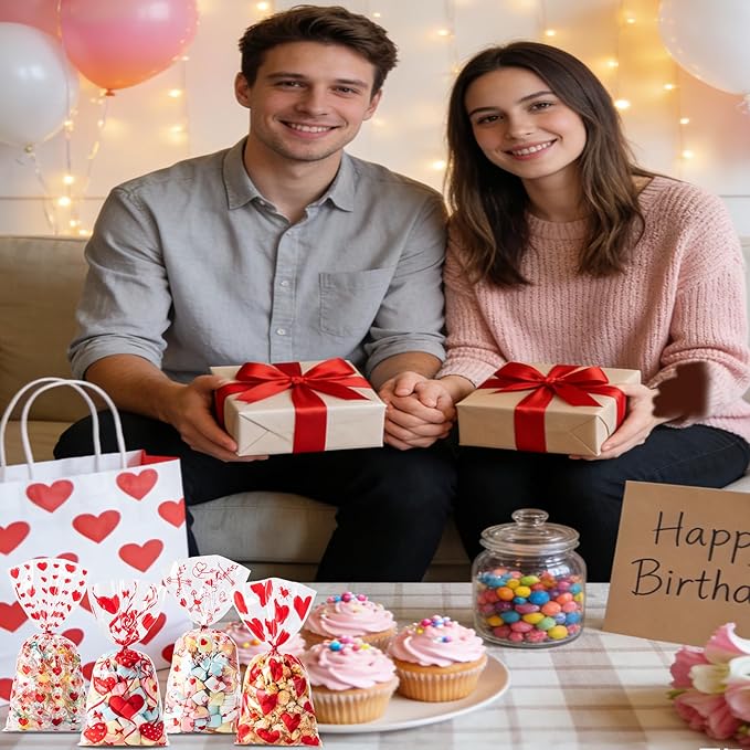 Aegero Valentines Cellophane Bags 120pcs Valentines Candy Bags with 140pcs Twists for Valentine's Candy Cookie Goodie Snack Bag for Valentines Day Wedding Party Favor Supplies,Classroom Parties Valentine02-Red Heart