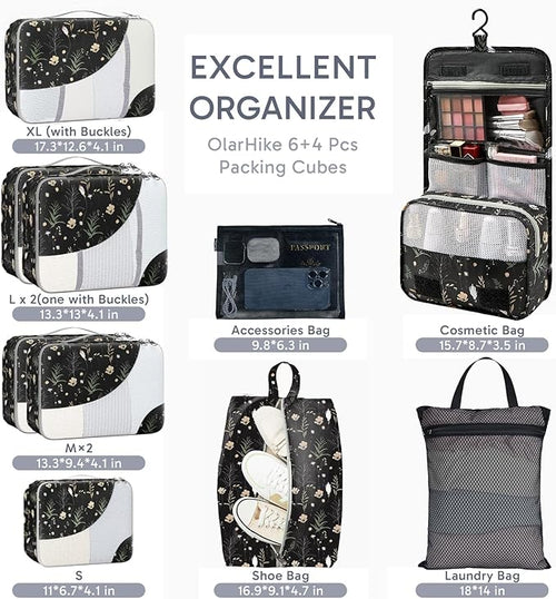 10 Set Packing Cubes for Travel, Gifts for Women Mom,Anti-Tearing Suitcase Organizer for Luggage with Shoe & Hanging Toiletry Bag,OlarHike Vacation Essentials & Accessories for Cruise Ship