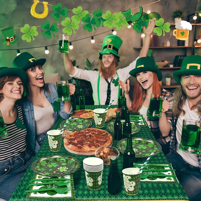 194 Pcs St Patricks Day Paper Plates & Napkins,Green Shamrock Paper Plates St Patricks Dinnerware Disposable Including Cup Straw Plastic Cutlery Banner Tablecloth for Saints Day Party Supplies
