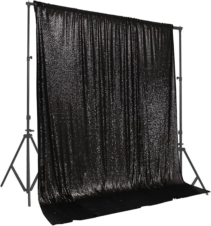PartyDelight Black Sequin Backdrop 8x8ft - High Density 3mm Shimmer Sequin Background with 4-Inch Rod Pocket, Sparkly Photography Curtain for Wedding, Gala, Studio & Large Event Decoration