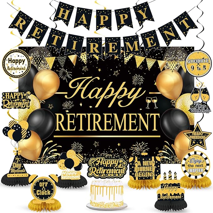Retirement Party Decorations for Men Women Black Gold Happy Retirement Banner Backdrop Honeycomb Centerpiece Cake Topper Hanging Swirl Set