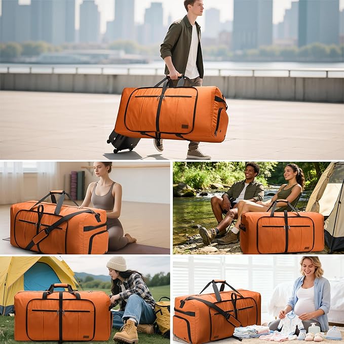 120L Foldable Waterproof Travel Duffel Bag for Men and Women with Shoe Compartment (Orange, EXTRA LARGE, 120L)