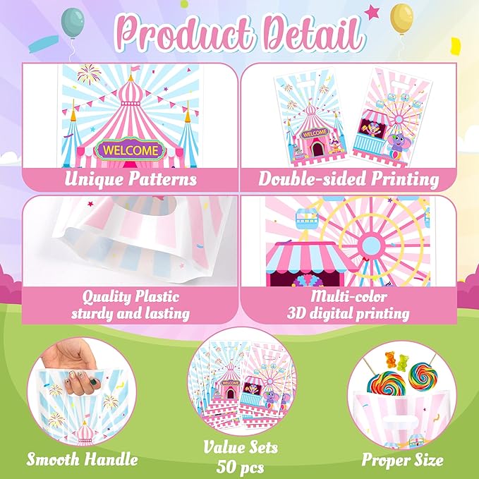 Circus Carnival Party Favor Bag 50Pcs Pink Circus Goody Candy Treat Gifts Bags, Pink Carnival Theme Party Decorations for Kids Birthday Baby Shower New Year Gathering Events Supplies
