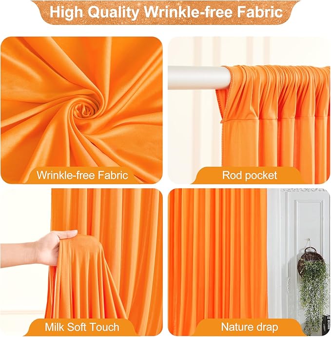 16x10FT Orange Backdrop Curtains for Wedding Parties, Wrinkle Free Polyester Photography Backdrop Drapes for Wedding Baby Shower Birthday Parties Stage Background Stand Decorations 4x10ft,4 Panels