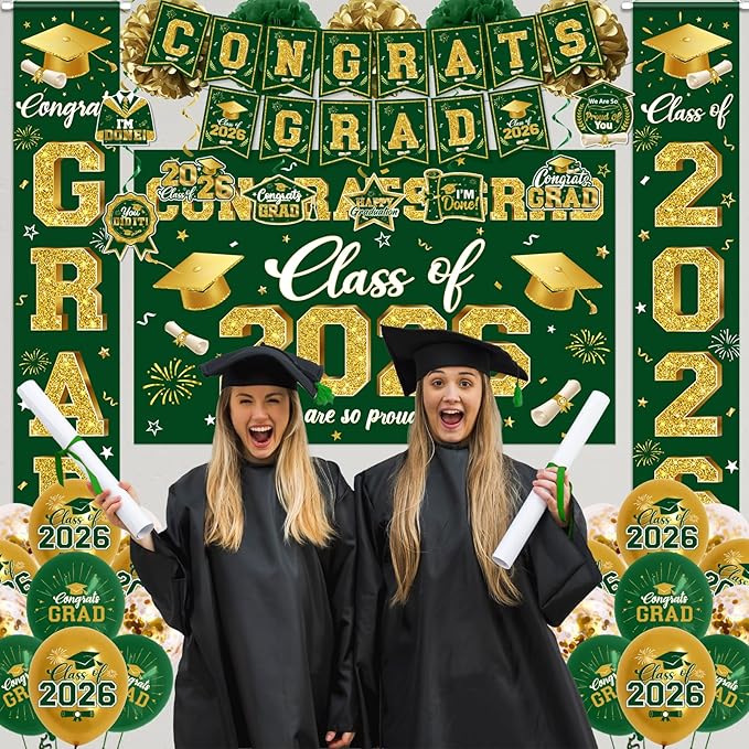 2026 Graduation Decorations - Green Congrats Grad Party Supplies include Card Box, Backdrop, Banner and Balloons for Class of 2026 Decorations Set