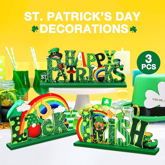 Hommtina 3 Pcs St. Patrick's Day Table Decoration Shamrock Sign Table Centerpiece