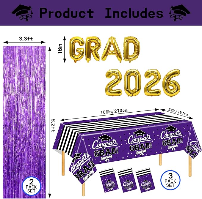 7-Pack Graduation Party Decorations Set, 3 Purple Graduation Tablecloths 54x108in, 2026 and Grad Balloons, 2 Foil Fringe Curtains for High School College Graduation Party Photo Booth