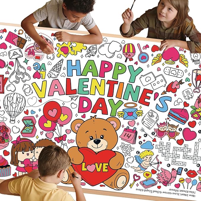 Valentine's Day Activity Poster - Large 31.5x72 Inch Coloring Table Cover for Holiday Party, School Classroom Decor, Crafts & Family Fun
