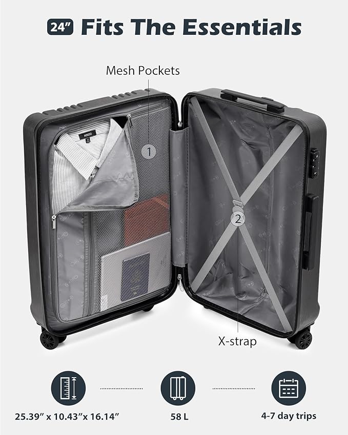 Coolife Luggage PC+ABS Hardshell Suitcase with TSA Lock, Spinner Checked Lightweight (silver, M(24IN))