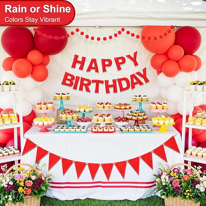 Pre-Strung Happy Birthday Banner & Felt Garland Set - Red Birthday Decorations for Women Girls | Reusable Party Supplies for Indoor & Outdoor