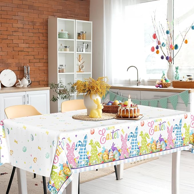 2 Pack Easter Tablecloth, 54" x 108" Easter Decorations, Rectangular Spring Tablecloths for Party Supplies, Colorful Eggs Bunny Flower Disposable Plastic Table Cloths for Easter Decorations for Home