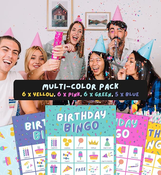 Markt Birthday Party Games for Kids, Birthday Bingo Game, Kids Party Games, Kid Bingo Game Decorations, Activities and Supplies for Girls or Boys (Multi-Color Pack)