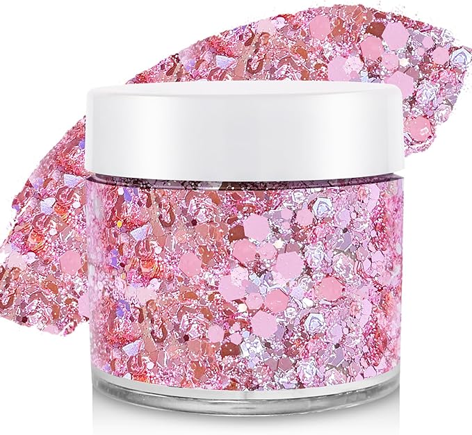 Pnk Face Hair Glitter,Cheer Holographic Pink Body Glitter,Rave Music Festival Singer Concert Outfit for Women,Pink Out Accessories for Spirit Week,Halloween Cosplay Shimmer Makeup