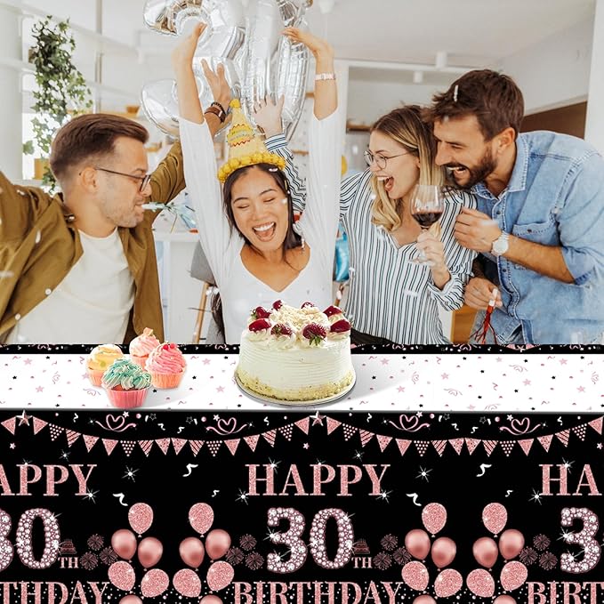 3PCS Happy 30th Birthday Tablecloth Decorations for Girls Women Black and Rose Gold 30 Year Old Birthday Party Supplies Disposable Plastic Rectangular Table Cloth