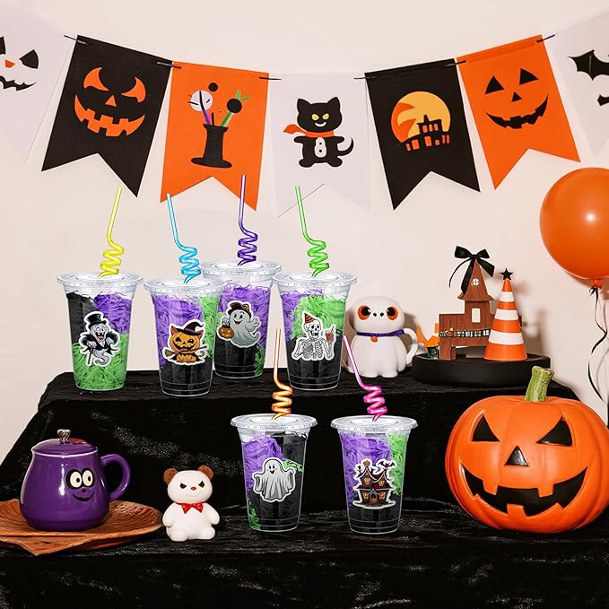 Qinyoung 24 Set Creative Halloween Classroom Favor Trick or Treat Plastic Cup with Lid Colorful Straw Sticker and Raffia Treat Loot Bag Set for Kid Student Halloween Party Favor School Class Gift Idea