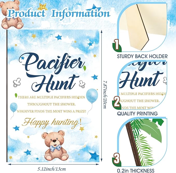 Thyle 51 Pcs Blue Bear Pacifier Hunt Baby Shower Games Include Neutral Bear Themed Hunt Sign and 50 Acrylic Pacifiers for Blue and Brown Baby Shower Game Decoration Gift Sets Gender Reveal Party Decor