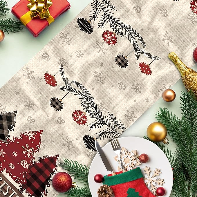Merry Christmas Tree Dining Table Runner, Xmas Balls Pine Needle Branches Snowflake Burlap Kitchen Decoration, Winter Holiday Plaid Farmhouse Indoor Outdoor Home Decor Party Supply 13 x 72 in