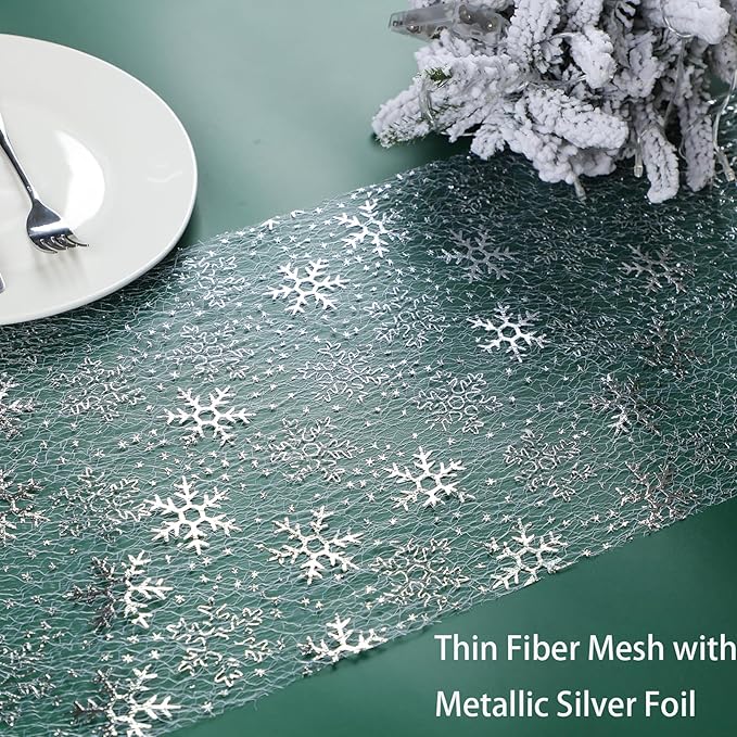 Snowkingdom Christmas Snowflake Silver Table Runner 11 Inch x 49 Feet Sparkly Silver Foil Glitter Metallic Mesh Runners Dining Table Decorations for Seasonal Winter Xmas Festival Holiday Home Party