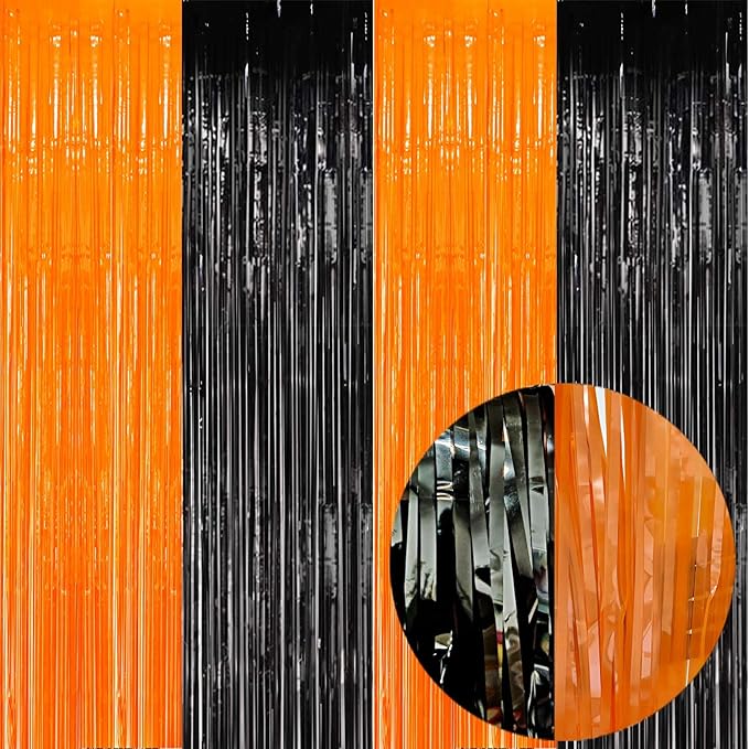 Foil Fringe Curtains - 4 Pack of 3.2x8.2ft Orange Black Foil Fringe Curtains for Birthday Halloween Photo Backdrop Party Decorations, Orange and Black Party Streamers for Photo Booth Props