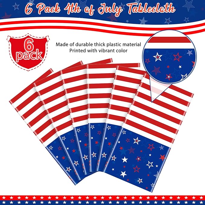 6Pcs Patriotic Tablecloths for 4th of July Decorations,Red White Blue Star Plastic Disposable Table Cover for Fourth of July Memorial Patriotic Day Independence Veterans Day Party Supplies,54x108 Inch