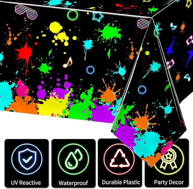 3 Pack UV Reactive Neon Glow Tablecloths 108x54 Inch - Activated Party Table Covers Decoration for Glow-in-the-Dark Events, Birthday Raves & UV Night
