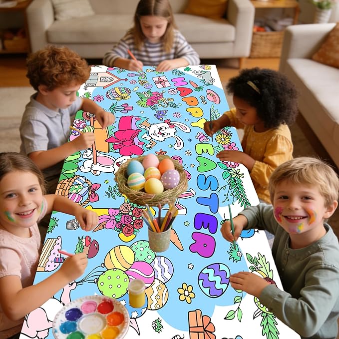 Easter Giant Coloring Poster for Kids,30x72 Inch Happy Easter Crafts Drawing Paper Coloring Tablecloth DIY Art Crafts for Kids Party Bunny Egg Themed Activity Classroom Home Party Suppiles
