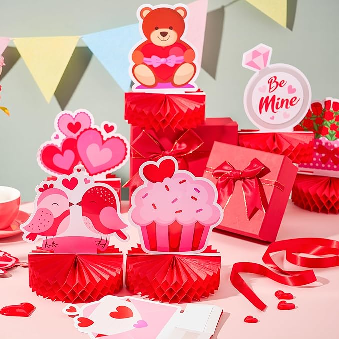 JOYIN 12 Pcs Valentine's Day Honeycomb Centerpieces, Table Decorations with Red Pink Heart Bear , Centerpieces Decor for Kids Birthday Valentine's Day Party Supplies