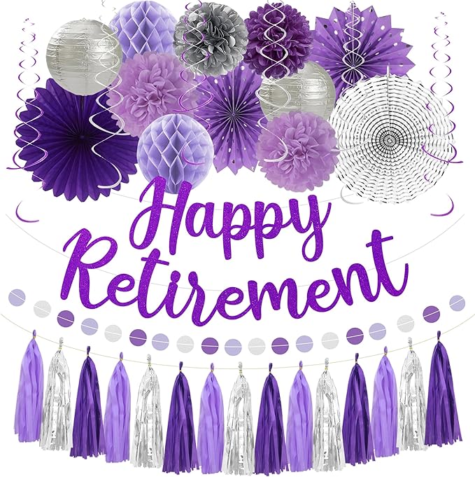 Roetyce Retirement Party Decorations Women, Purlpe Glitter Happy Retirement Banner Paper Fans Pompoms Kit, Office Retired Party Supplies for Coworker Friends, Funny Legend Has Retired Photo Backdrop