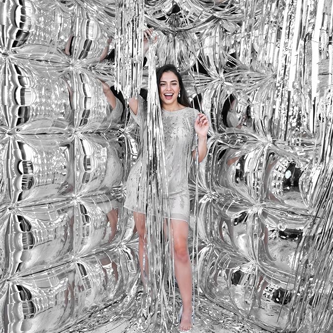 Silver Square Foil Balloons Wall, Double Sided Chrome Silver Balloons Tunnel Arch Kit Backdrop for Birthday Graduation New Year Baby Shower Wedding Holiday Theme Party Decoration