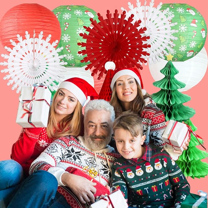 UNIQOOO 14PCS Assorted 3D Christmas Honeycomb Paper Lantern Decoration Garland Set,Celling Hanging Tissue Pine Tree Star, Santa Hat,Snowflake Fan,Japanese Lanterns for Holiday XMAS Party Banner Supply
