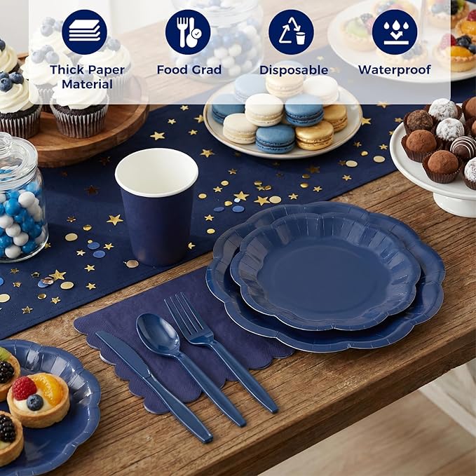 175 Pcs Navy Blue Plates and Napkins Set, 25 Guest Navy Blue Party Supplies Include Scalloped Plate Paper Napkin Cup Forks Knives Disposable Plastic Cutlery for Wedding Baby Shower Birthday Party