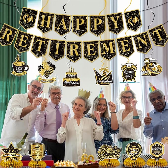 12Pcs Retirement Party Decorations for Men Women Black Gold Happy Retirement Banner Honeycomb Centerpiece Swirls Party Supplies Retired Farewell Party Set Work Graduation Party Decorations