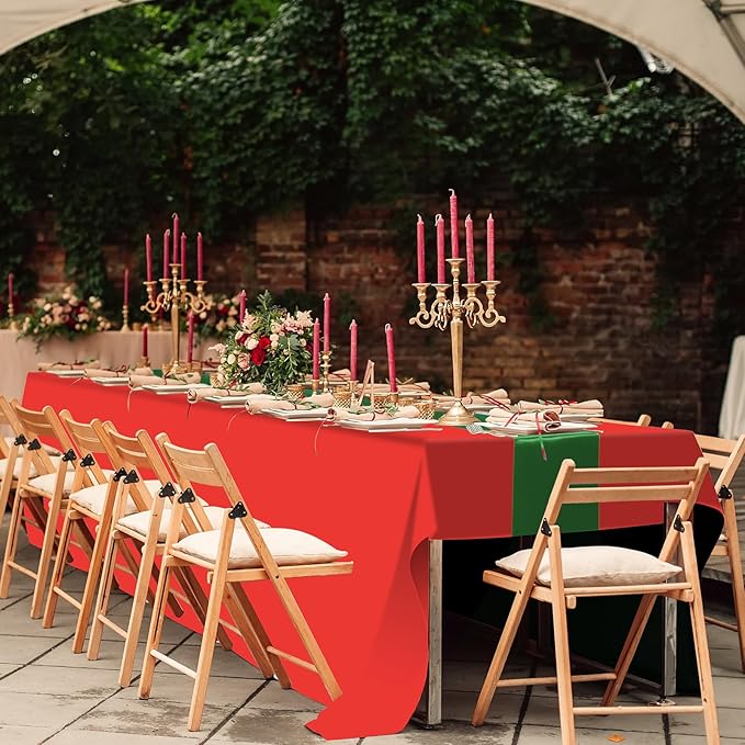 12 Pack 12x108 Inch Satin Table Runner and 84 Inch Rectangle Plastic Tablecloths Set Christmas Red and Green Disposable Table Cloth for New Year Christmas Wedding Holiday Anniversary Party Decorations