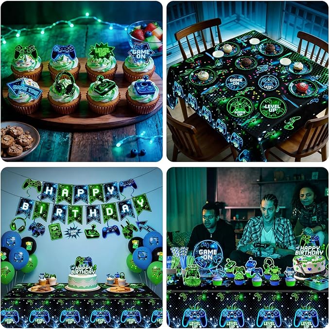 Video Game Birthday Party Decorations for Boy, Neon Gamer Party Tableware Set with 24PCS Plates Cups Napkins, Banner Tablecloth, Balloons, Game Level Up Theme Decor Serves 24
