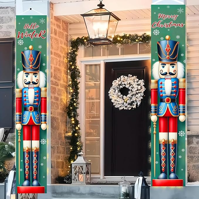 Nutcracker Christmas Porch Banners 12×71 Inch Hello Winter Merry Christmas Door Decorations Red Blue Nutcracker Soldier Banner for Front Door Wall Outdoor Holiday Seasonal Décor